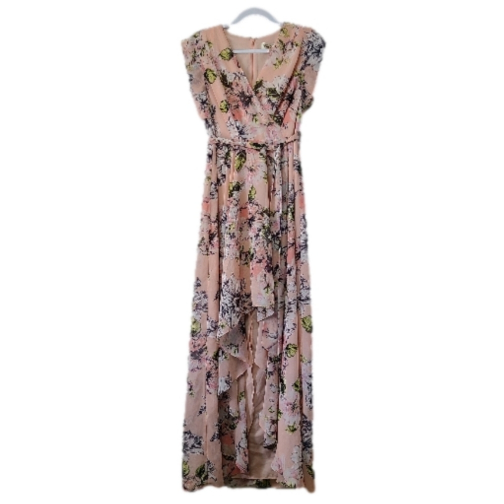 Eliza J Floral High Low Maxi Dress Pink V Neck Size 6 Wedding Guest Formal Flowy